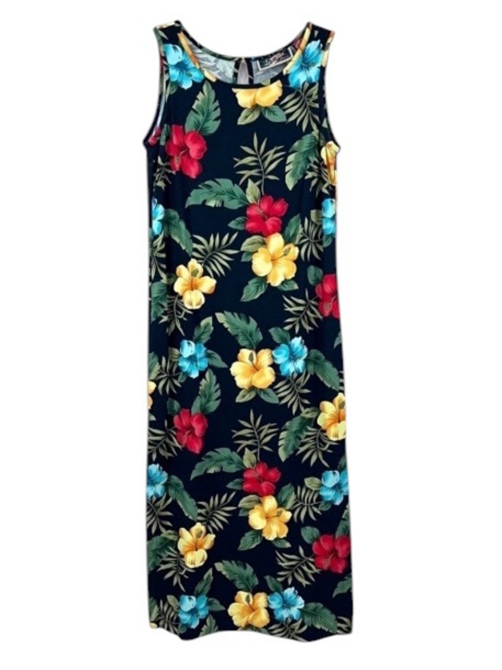 NWOT La Cabana Tropical Hawaiian Floral Palm Leaf Sleeveless Maxi Shift Dress